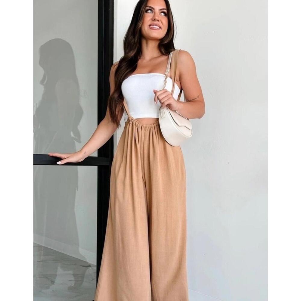 Zenana New Wideleg Adjustable Jumpsuit Beige - Picture 4 of 5
